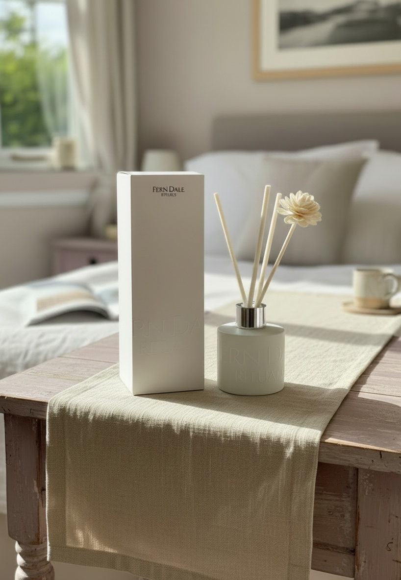 A Fern Dale Rituals reed diffuser with cream reeds and matching box on a linen runner in a softly lit room.