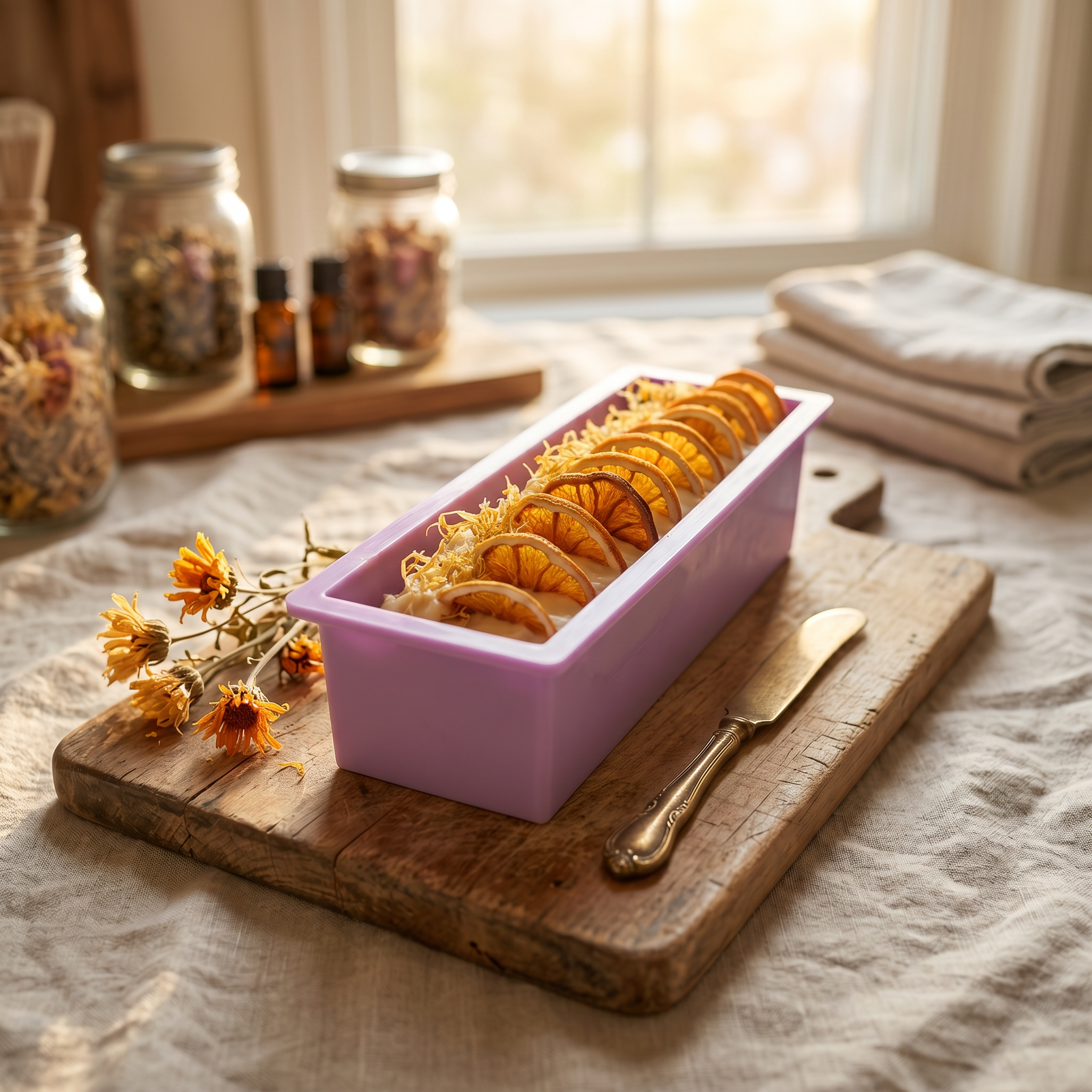 Handmade cold-process soap loaf topped with dried orange slices and calendula petals on a rustic wooden board in a sunlit artisan studio.