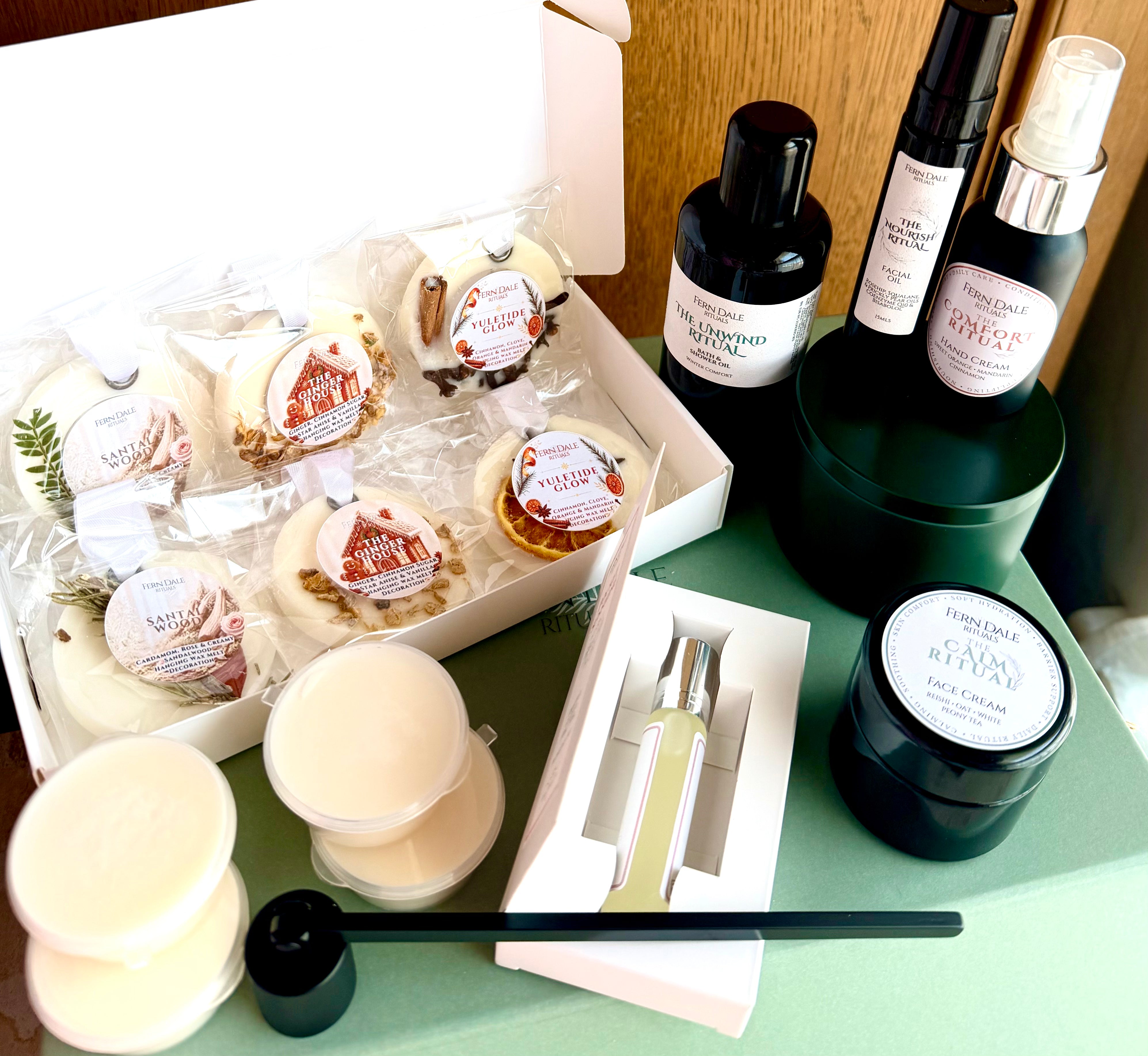 12 Days of Fern Dale - Revealed with wrapped hanging wax melts, labelled bottles, jars and a black candle snuffer.