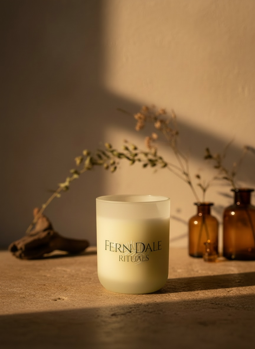 Ancient Glow Candle in a frosted jar labelled Ferndale Rituals, with amber bottles and dried stems behind.