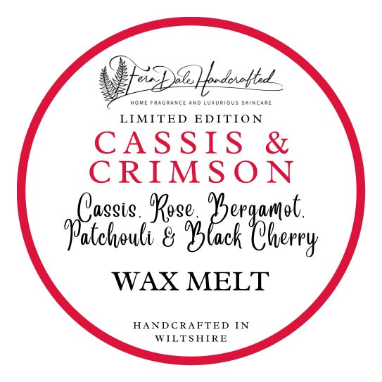 Cassis & Crimson round white wax melt label with a crimson border, red and black lettering and a fern logo.