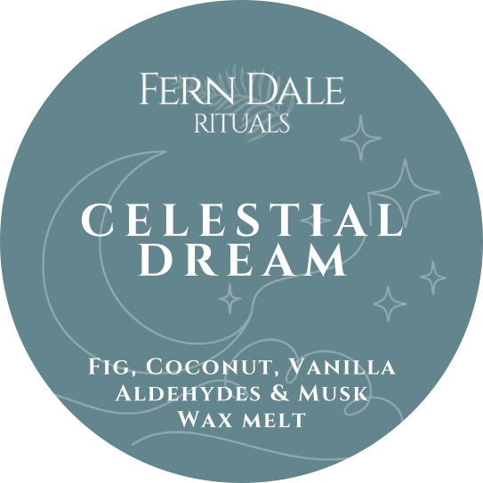 Celestial Dream wax melt label in muted teal with white lettering, a crescent moon and stars.