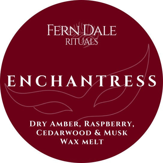 Enchantress wax melt label in burgundy with white lettering and a fine outline of a masquerade mask.
