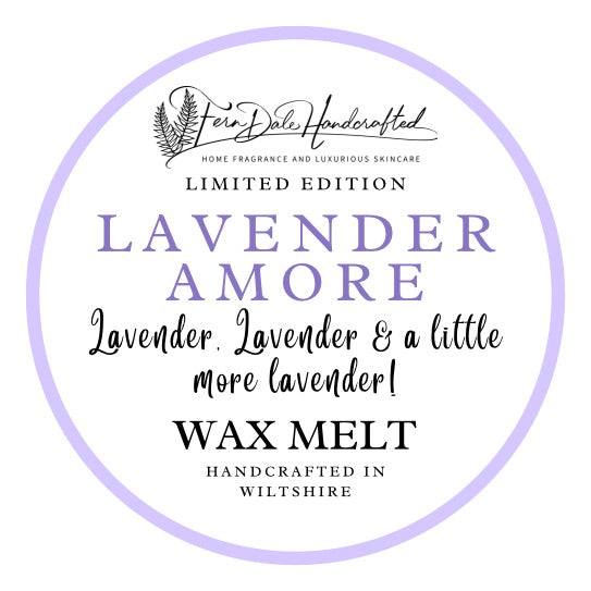 Lavender Amore wax melt label with a pale purple circular border, purple lettering and black script on white.