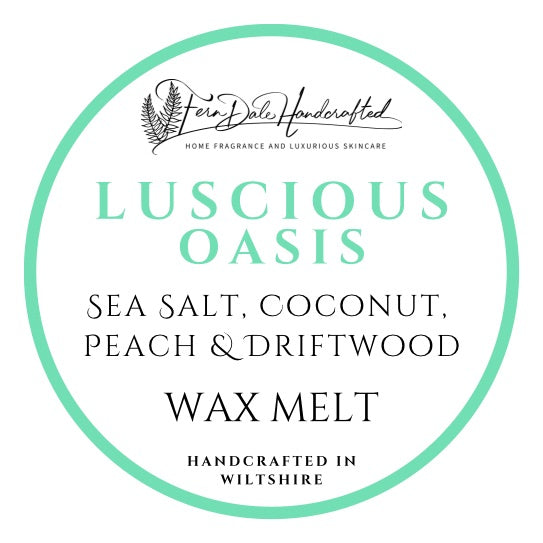 Luscious Oasis wax melt label with a mint green circular border, green title and black lettering on white.
