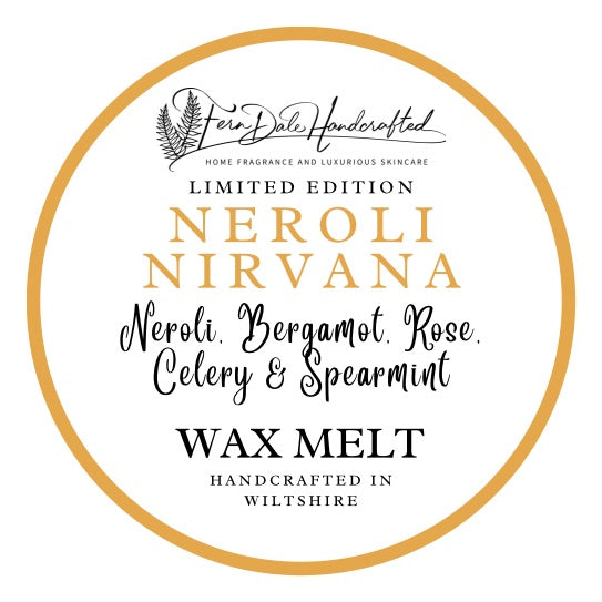 Neroli Nirvana wax melt label with a gold circular border, gold lettering and black script on white.