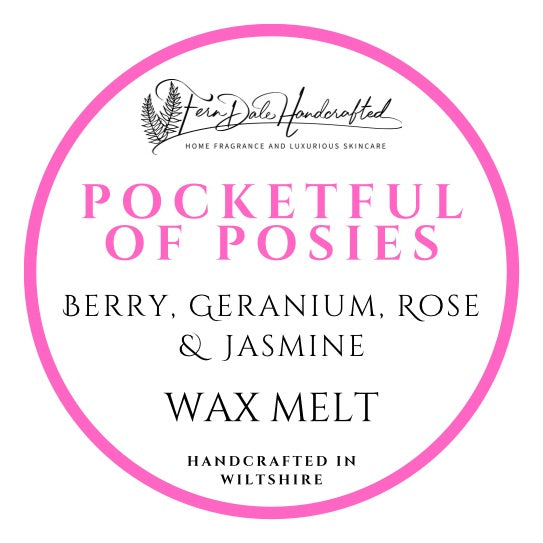 Pocketful of Posies wax melt label with a bright pink circular border, pink title and black lettering on white.