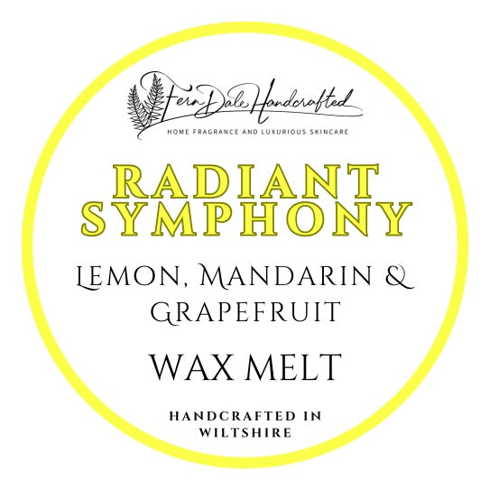 Radiant Symphony wax melt label with a yellow circular border, yellow title and black lettering on white.