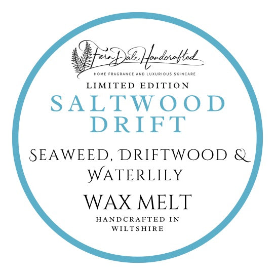 Saltwood Drift wax melt label with a turquoise circular border, turquoise lettering and black text on white.