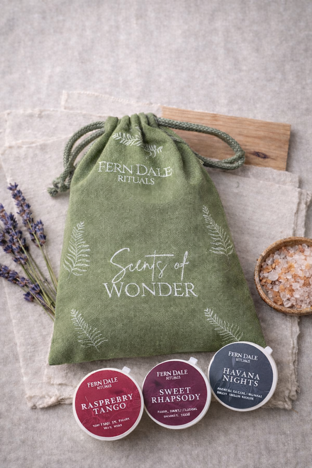 Scents of Wonder – Core Wax Melt Collection with a green drawstring bag and three round, labelled pots.