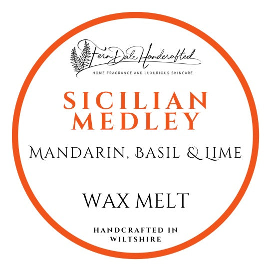 Sicilian Medley round wax melt label with an orange border, orange title and black lettering on a white background.