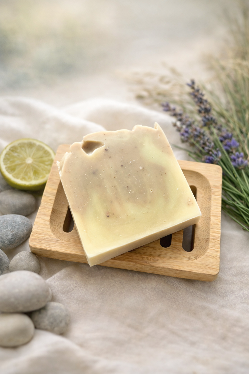 Stillness Rooted: Tallow Soap Bar, pale and speckled, on a wooden dish beside pebbles, half a lime and purple flowers.