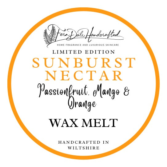 Sunburst Nectar wax melt label with an orange circular border, orange title and black lettering on white.